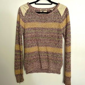 Scotch and Soda Striped Knit Crewneck Sweater with Leather Shoulder Panels